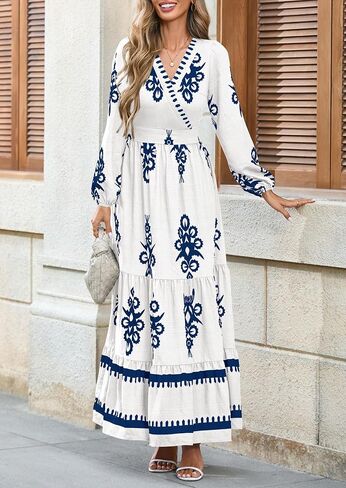 PRETTYGARDEN Women's 2025 Fall Wedding Guest Dresses Boho Floral Long Sleeve V Neck Flowy Elegant Maxi Dress Beach Clothes in Saudi Arabia