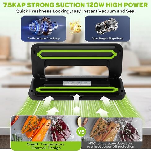 75KPa 6-in-1 Automatic Vacuum Sealer Machine | Digital Food Saver with Pulse Function | Dry & Moist Food Modes | Includes 12 Vacuum Bags, External Sliding Blade & External VAC for Jars/Containers in Saudi Arabia