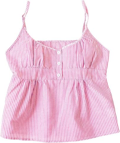 Women's Striped Button Front Flared Camisole Tops Shirred Spaghetti Strap Tank Top in Saudi Arabia