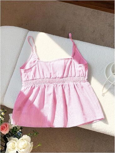 Women's Striped Button Front Flared Camisole Tops Shirred Spaghetti Strap Tank Top in Saudi Arabia