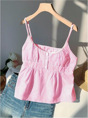 Women's Striped Button Front Flared Camisole Tops Shirred Spaghetti Strap Tank Top in Saudi Arabia