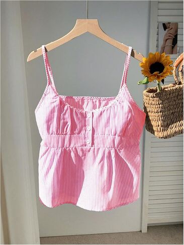 Women's Striped Button Front Flared Camisole Tops Shirred Spaghetti Strap Tank Top in Saudi Arabia