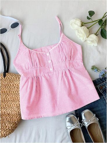 Women's Striped Button Front Flared Camisole Tops Shirred Spaghetti Strap Tank Top in Saudi Arabia