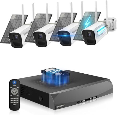 《100% Wire-Free》Wireless Outdoor Security Camera System, Solar Powered WiFi Cameras Systems with PIR Motion Detection, Home Video Surveillance DVR Kits in Kuwait