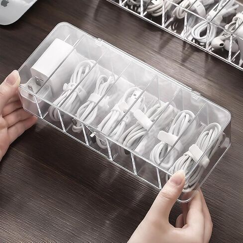 Cable Organizer Charger Cord Organizer Transparent Plastic Case with Lid 7 Compartments for Cord, Charger, Phone, Earphone, Remote control in Saudi Arabia
