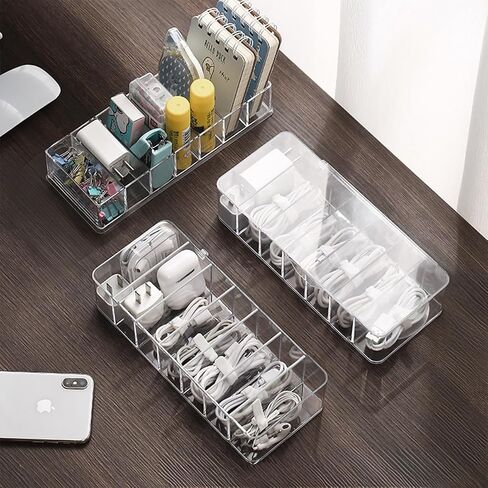 Cable Organizer Charger Cord Organizer Transparent Plastic Case with Lid 7 Compartments for Cord, Charger, Phone, Earphone, Remote control in Saudi Arabia