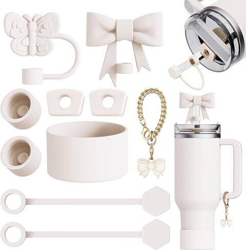 10 Pcs Compatible with Stanley Cup Accessories - Butterfly&Bow Straw Toppers for Stanley Straw Cover 9-10 mm, 1 Silicone Boots, 6 Spill Proof Stopper, 1 Handle Charms for 30&40 Oz Tumbler (White) in Saudi Arabia