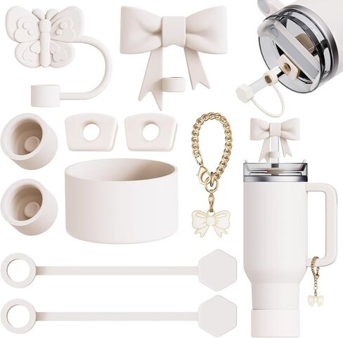 10 Pcs Compatible with Stanley Cup Accessories - Butterfly&Bow Straw Toppers for Stanley Straw Cover 9-10 mm, 1 Silicone Boots, 6 Spill Proof Stopper, 1 Handle Charms for 30&40 Oz Tumbler (White) in Saudi Arabia