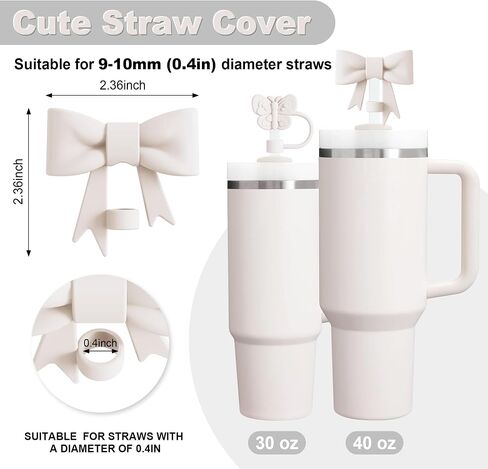 10 Pcs Compatible with Stanley Cup Accessories - Butterfly&Bow Straw Toppers for Stanley Straw Cover 9-10 mm, 1 Silicone Boots, 6 Spill Proof Stopper, 1 Handle Charms for 30&40 Oz Tumbler (White) in Saudi Arabia