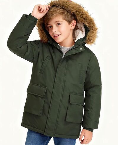 Lovekider 5-16T معاطف شتوية للأولاد سترة منتفخة دافئة سميكة للأطفال ملابس خارجية مع غطاء من الفرو الصناعي قابل للإزالة in Kuwait