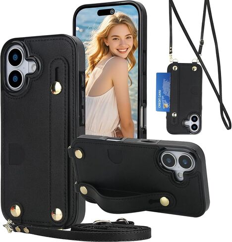 for Apple iPhone 16e Case Crossbody Lanyard Wallet with Card Holder, Wrist Strap, Removable Adjustable Shoulder PU Leather Shockproof Cover for iPhone 16e XK-Rose Gold in Saudi Arabia
