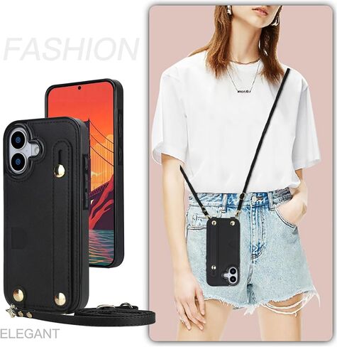 for Apple iPhone 16e Case Crossbody Lanyard Wallet with Card Holder, Wrist Strap, Removable Adjustable Shoulder PU Leather Shockproof Cover for iPhone 16e XK-Rose Gold in Saudi Arabia