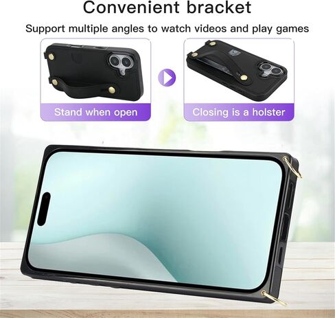 for Apple iPhone 16e Case Crossbody Lanyard Wallet with Card Holder, Wrist Strap, Removable Adjustable Shoulder PU Leather Shockproof Cover for iPhone 16e XK-Rose Gold in Saudi Arabia