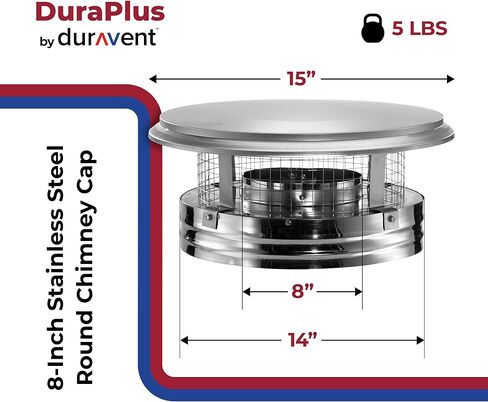 غطاء مدخنة دائري من الفولاذ المقاوم للصدأ 8DP-VC من DuraVent DuraPlus، مع براغي قابلة للإزالة، يقاوم التآكل، ويعزز الكفاءة، قطر 8 بوصة in Saudi Arabia