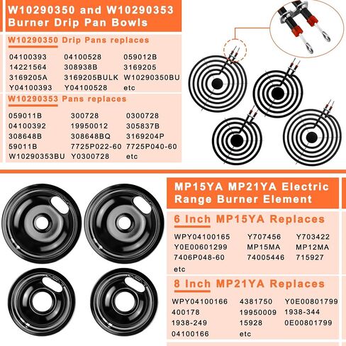 W10196406 W10196405 Chrome Drip Pan Set and Electric Range Burner Element Unit Set MP21YA MP15YA Fit for Am-ana whirl-pool Electric Range Stove-1 Year Warranty in Saudi Arabia