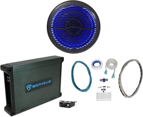 حزمة Rockville MS10LB: مضخم صوت هوائي أسود بقوة 2400 واط بقدرة 10 بوصات مع مصابيح LED، dBM12 بقدرة 500 واط RMS Class-D Mono 2 أوم مضخم صوت بحري، RMWK4 4 قياس مجموعة أسلاك أمبير مقاومة للماء، 3 عناصر in Saudi Arabia