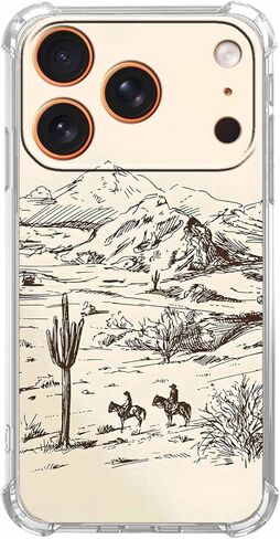 حافظة لهاتف iPhone 17 Pro Max بتصميم فن رعاة البقر العتيق، نمط مناظر طبيعية مجردة للغرب المتوحش، غطاء هاتف ممتص للصدمات ناعم وشفاف، 6.9 بوصات (راعية البقر، 17 مساءً) in Kuwait