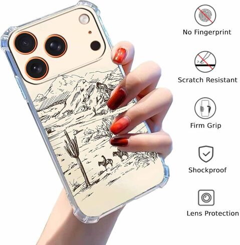 حافظة لهاتف iPhone 17 Pro Max بتصميم فن رعاة البقر العتيق، نمط مناظر طبيعية مجردة للغرب المتوحش، غطاء هاتف ممتص للصدمات ناعم وشفاف، 6.9 بوصات (راعية البقر، 17 مساءً) in Kuwait