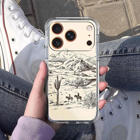 حافظة لهاتف iPhone 17 Pro Max بتصميم فن رعاة البقر العتيق، نمط مناظر طبيعية مجردة للغرب المتوحش، غطاء هاتف ممتص للصدمات ناعم وشفاف، 6.9 بوصات (راعية البقر، 17 مساءً) in Kuwait