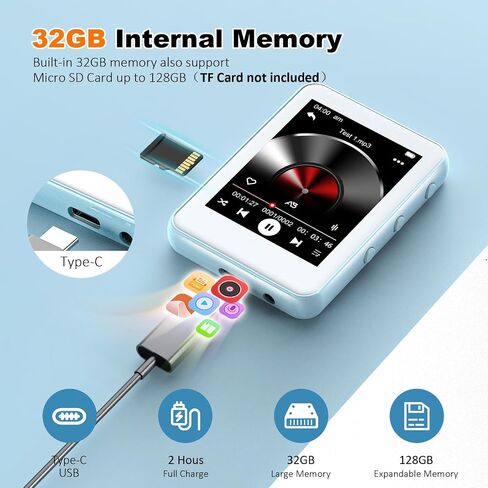 Light Blue MP3 Player with Bluetooth 5.3, 32GB Touchscreen Portable Music Player,Built-in Speaker,FM Radio,Voice Recorder,HiFi Sound,Expandable to 128GB – Perfect for Running,Travel,Study & Relaxation in Saudi Arabia