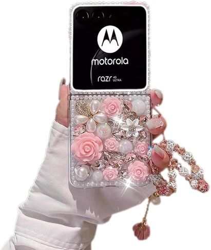 متوافق مع Moto Razr 50 Ultra، حافظة Moto Razr Plus 2024، حافظة فاخرة من الكريستال وأحجار الراين اللامعة واللؤلؤ الماسي مع حزام زهور لهاتف Moto Razr Plus للنساء in Kuwait