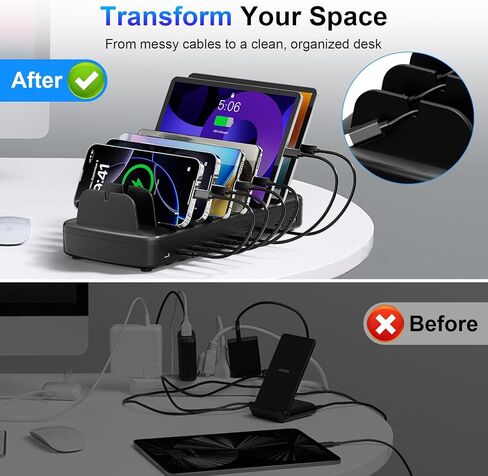 محطة شحن سريعة بقدرة 510 واط لأجهزة متعددة، محطة شحن 10 منافذ USB C مع مادة مقاومة للهب و8 كابلات لأجهزة iPhone وAndroid وiPad والأجهزة اللوحية ومنظم قاعدة شحن مكتب مكتب العائلة in Kuwait