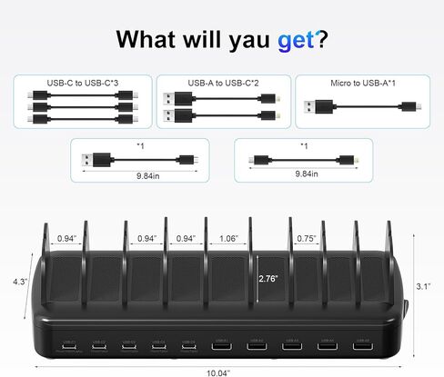محطة شحن سريعة بقدرة 510 واط لأجهزة متعددة، محطة شحن 10 منافذ USB C مع مادة مقاومة للهب و8 كابلات لأجهزة iPhone وAndroid وiPad والأجهزة اللوحية ومنظم قاعدة شحن مكتب مكتب العائلة in Kuwait