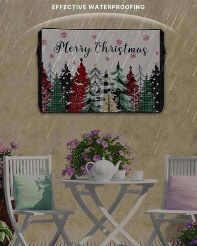 كرة عيد الميلاد في الهواء الطلق غطاء تلفزيون للشاشة المسطحة الخارجية، البونسيتة الأوكالبتوس الثلج 600D سميك مقاوم للماء واقي شاشة تلفزيون خارجي مع سحاب لشاشات مسطحة من 60 إلى 65 بوصة كتان شتوي التوت ريترو in Kuwait