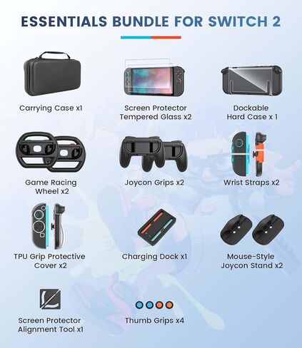 Switch 2 Accessories Bundle for Nintendo Switch 2 (2025): Carrying Case, Console Protective Cover&TPU Grips, HD Screen Protector, Joy-Con Charger, FPS Mouse Grip, 4 x Thumb Grips, Steering Wheel Joycon Grip for Mario Kart, Wrist Straps for Just Dance in Kuwait