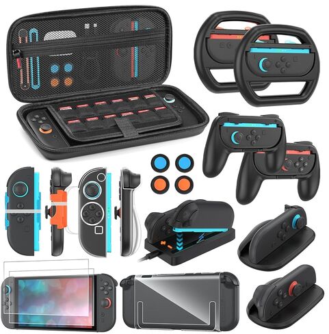Switch 2 Accessories Bundle for Nintendo Switch 2 (2025): Carrying Case, Console Protective Cover&TPU Grips, HD Screen Protector, Joy-Con Charger, FPS Mouse Grip, 4 x Thumb Grips, Steering Wheel Joycon Grip for Mario Kart, Wrist Straps for Just Dance in Kuwait