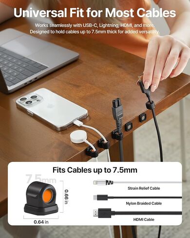 6 Pack Sinjimoru Magnetic Cable Clips, Compact Size Cord Organizer & Cable Management for Desk, Nightstand & Car, Fits up to 7.5mm Cables, Black in Saudi Arabia