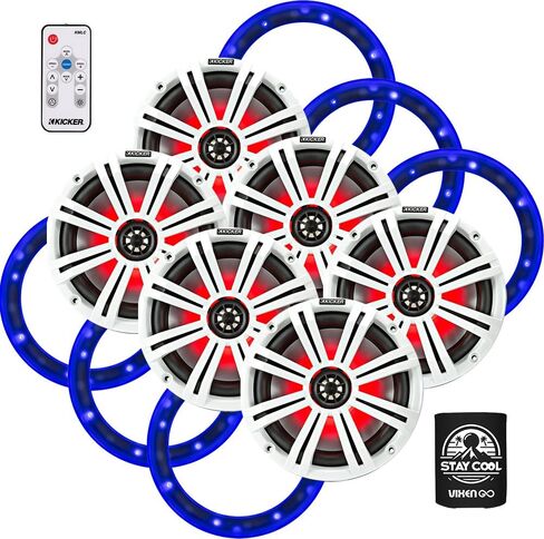 KICKER 6.5" Marine Speakers (3 Pairs) OEM Replacement Coaxial Speakers for Boat with White and Charcoal Grilles, LED Lights, LED Speaker Rings and Remote Control 45KM654L(3)+50KLSR65(3)+41KMLC in Saudi Arabia