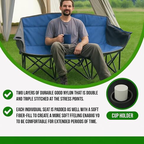 اذهب إلى الفريق! أريكة محمولة قابلة للطي - كرسي خارجي قابل للطي بثلاثة مقاعد مع حاملات أكواب وحقيبة حمل - نايلون 600D عالي التحمل للتخييم والرياضة والتخييم والشاطئ والفناء الخلفي (أزرق/رمادي) in Kuwait