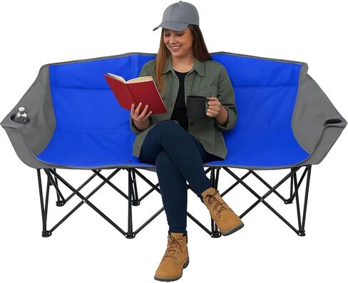 اذهب إلى الفريق! أريكة محمولة قابلة للطي - كرسي خارجي قابل للطي بثلاثة مقاعد مع حاملات أكواب وحقيبة حمل - نايلون 600D عالي التحمل للتخييم والرياضة والتخييم والشاطئ والفناء الخلفي (أزرق/رمادي) in Kuwait