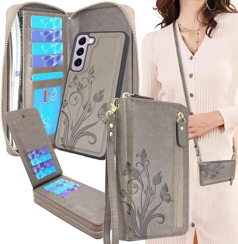Lacass for Samsung Galaxy S25 6.2 inch Wallet,Crossbody Dual Zipper Detachable Magnetic Leather Wallet Case Cover Wristlets Wrist Strap 13 Card Slots Money Pocket(Floral Wine Red) in Saudi Arabia