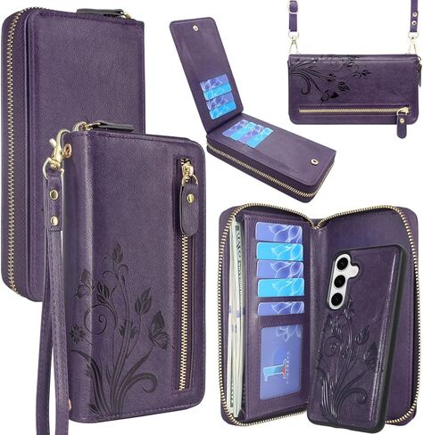 Lacass for Samsung Galaxy S25 6.2 inch Wallet,Crossbody Dual Zipper Detachable Magnetic Leather Wallet Case Cover Wristlets Wrist Strap 13 Card Slots Money Pocket(Floral Wine Red) in Saudi Arabia