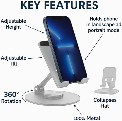 Uncaged Ergonomics 360° Swivel Rotating Adjustable Phone Stand for Desk, Portable & Foldable Cell Phone Stand for Desk, Compact Mobile Stand for Tabletop, Office, Kitchen & Bedroom (Black) in Saudi Arabia