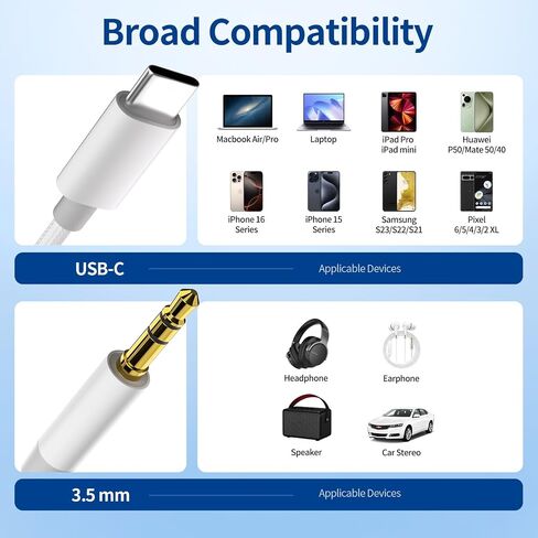 كابل Aux إلى USB C، كابل USB C إلى 3.5 ملم صوت Aux Jack (3.3 قدم 2 حزمة)، سلك ستيريو للسيارة من النوع C إلى 3.5 ملم لهاتف iPhone 16 15 Pro Max، Samsung Galaxy s25 S24 S23 S22 Ultra، Note 20، Google Pixel 5 6 XL in Kuwait