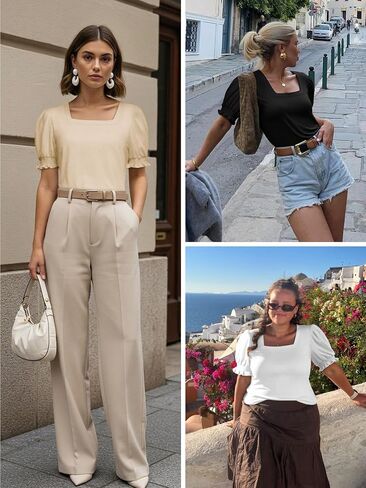ATHMILE Womens Summer Tops Square Neck Dressy Casual Ruffle Trim Sleeve Cute T Shirts Trendy Clothes in Saudi Arabia