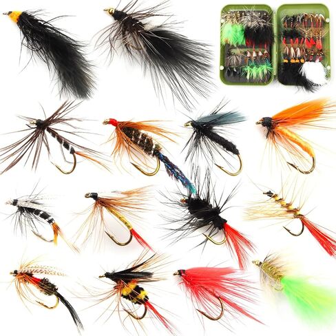 Fly Fishing Flies 64pcs Lures Bait Trout Bass Dry Nymphs Wooly Bugger Tenkara Assortment Kit for Trout Fish Gifts Men in Kuwait