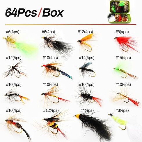 Fly Fishing Flies 64pcs Lures Bait Trout Bass Dry Nymphs Wooly Bugger Tenkara Assortment Kit for Trout Fish Gifts Men in Kuwait