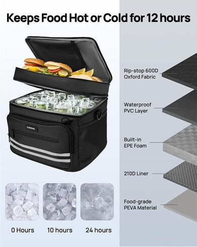 Insulated Lunch Box for Men & Women - 26L X Large Lunch Bag, Leak-Proof Cooler Lunch Bag, Adjustable Strap, Ideal for Work, Picnic, Travel 14.6"×11.5"×9.5" (Black) in Saudi Arabia