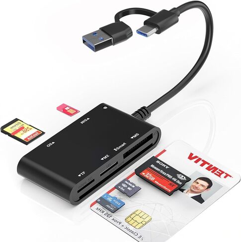 محول بطاقة SIM من النوع C/USB - قارئ بطاقات ذكية 7 في 2 CAC عسكري، قارئ بطاقات MS Pro Duo/SD/TF/M2/ID/IC/PIV/SIM، قارئ بطاقة SIM Memory Stick Pro Duo لأجهزة الكمبيوتر والكمبيوتر الشخصي وWindows وLinux وMacOS in Kuwait