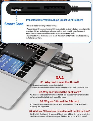 محول بطاقة SIM من النوع C/USB - قارئ بطاقات ذكية 7 في 2 CAC عسكري، قارئ بطاقات MS Pro Duo/SD/TF/M2/ID/IC/PIV/SIM، قارئ بطاقة SIM Memory Stick Pro Duo لأجهزة الكمبيوتر والكمبيوتر الشخصي وWindows وLinux وMacOS in Kuwait