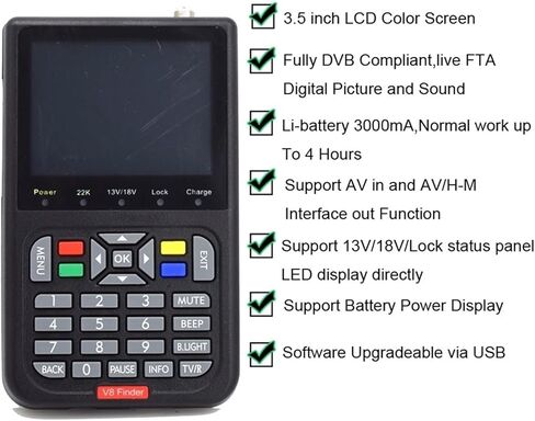 جهاز كشف الأقمار الصناعية LCD 3.5 بوصة HD DVB-S/S2 جهاز كشف الأقمار الصناعية الرقمي HD H.264 MPEG-4 DVB S S2 جهاز قياس الأقمار الصناعية الكامل 1080P FTA Satfinder (أسود) in Kuwait