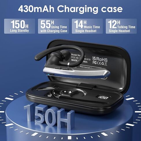 Bluetooth Headset with Microphone, Wireless Earpiece with Noise Cancelling Mic, Charging Case, Hands-Free Bluetooth 5.3 Earbud for Truckers, Zoom, Teams, Driving in Saudi Arabia