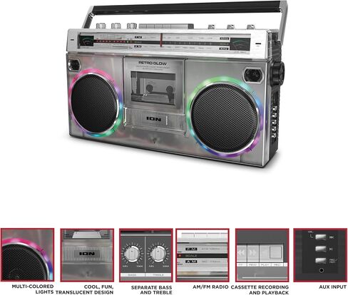 ION Audio Retro Glow Boombox - Deluxe Stereo AM/FM Radio Cassette Dual Speakers with Full-Range Bass (Renewed) in Saudi Arabia