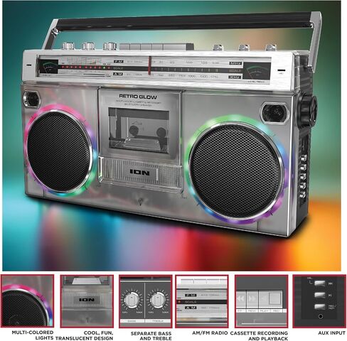 ION Audio Retro Glow Boombox - Deluxe Stereo AM/FM Radio Cassette Dual Speakers with Full-Range Bass (Renewed) in Saudi Arabia