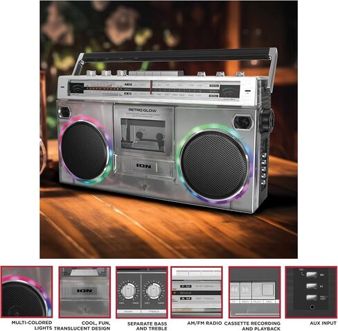 ION Audio Retro Glow Boombox - Deluxe Stereo AM/FM Radio Cassette Dual Speakers with Full-Range Bass (Renewed) in Saudi Arabia