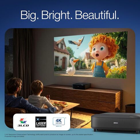 جهاز عرض ليزر Epson Lifestudio Grand Ultra Short Throw Laser، بدقة 4K PRO-UHD، صوت من تقنية Bose وتطبيق Epson Studio، تلفزيون Google المدمج لسهولة البث، بالإضافة إلى تقنية 3LCD ثلاثية الشرائح - أسود in Kuwait